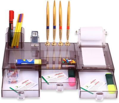RASPER 6 Compartments High Class Acrylic Desk Organizer Office Table Top Stationery Organizer Planner Pen Stand Desk Organizer For Office Table(Smoke Black)