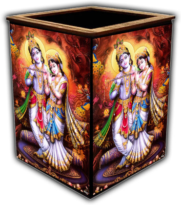pnf 1 Compartments wooden Colourful Wooden Pen Stand with photo of Radha Krishna -22384(Multicolor)