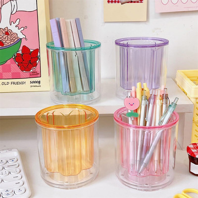 Flipco 1 Compartments Plastic Pen Holder Transparent Large Capacity Rotatable Creative Shape High Durability(Multicolor)