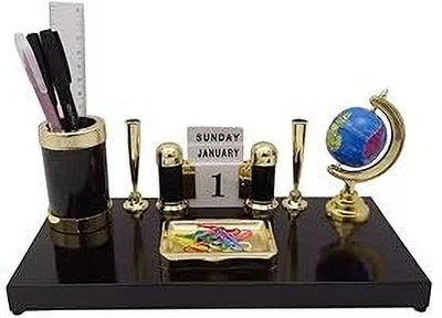 Kebica 2 Compartments Acrylic Model PS-120DG Pen stand with Globe for Office, Bank and Study table Set-1(Black)