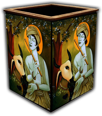 pnf 1 Compartments wooden Colourful Wooden Pen Stand with photo of Radha Krishna -3050(Multicolor)