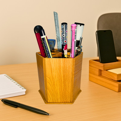 hexatore 6 Compartments Straw Board Pen Stand for Office & Student(WOODEN BROWN)