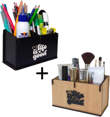 Giftingcare 2 Compartments Wooden Desk Organizer, Stationery, Pen, Stand for Office & Home (Combo Set of 2)(Maple, Black)
