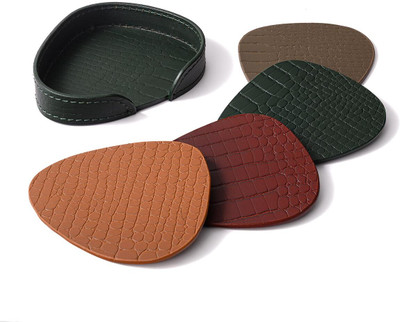 Three Sixty 1 Compartments Leather Multicolor Abstract Shape Coasters Set of 4(Green)