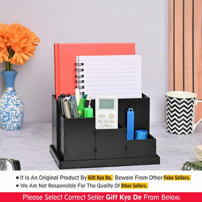 GIFT KYA DE 4 Compartments MDF Desk Organizer | Storage Box | Remote & Pen Stand | Office Stationary Stand(Black)