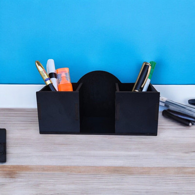 Giftingcare 3 Compartments Wooden Desk Organizer with Space for Idol. Stationary storage ideal for Office & Home(Black)
