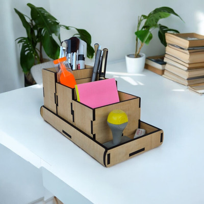 Giftingcare 3 Compartments Wooden Desk Organizer | Remote & Pen Stand | Office Stationary | 3 Box & 1 Tray(Maple)