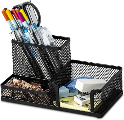 OCHHAV 3 Compartments Stylish Stand Pen / Pencil / Remote / Scissor / Marker Holder For Office Table Mesh Pen Stand/Pen Holder 3 Compartments Pencil Container (Pack of 1)(Black)