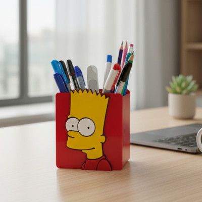 BYSUN 1 Compartments Acrylic Premium Bart Simpson pen Holder for Office/Study Table(Red)