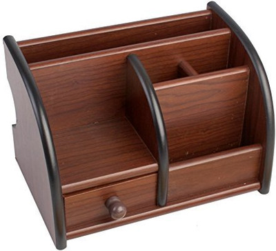 IKONEXX 6 Compartments Polished Wooden Pen-Pencil Holders Stand With Drawer For Office Desktop & Students(Brown Color)