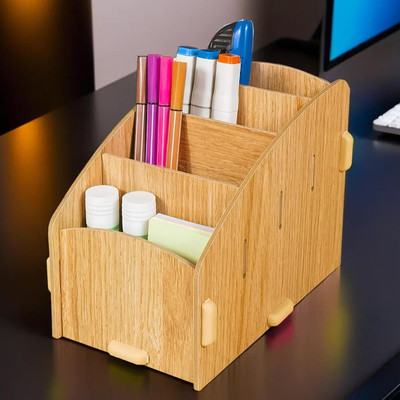 KUBER INDUSTRIES 4 Compartments Wood Pen Stand(Brown)