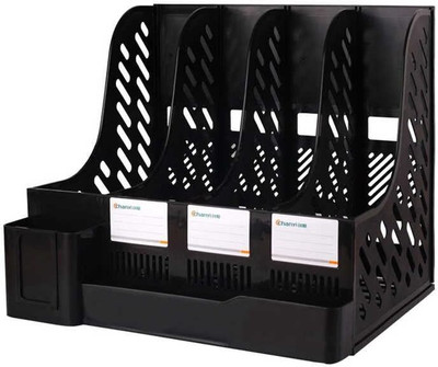 SYADEL 4 Compartments Plastic 4 Compartments File Rack with Pen Stand(Black)