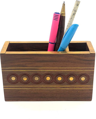Master Piece Crafts 2 Compartments wood, Brass Pen holder, Desk organiser, Pen Stand With Visiting Card & Mobile Holder(Brown, Gold)