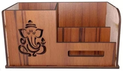 KK FAISHON 3 Compartments Wooden Pen Stand With Visiting Card & Mobile Holder For Office Table Organizer Wooden Ganesh Stand With Full Size Pen Holder For Home & Kitchen(Brown)