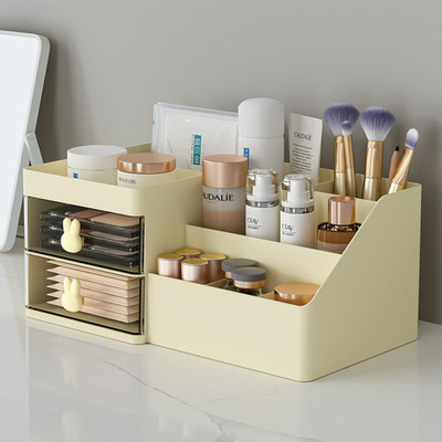 HOUSE OF QUIRK 10 Compartments Plastic Clear Drawer Cosmetic Storage Display Case-11.2X6.7X4.7 inch(Cream)