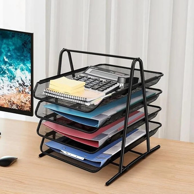 AQUABUCKET 4 Compartments Metal Body Desk File Tray(Black)