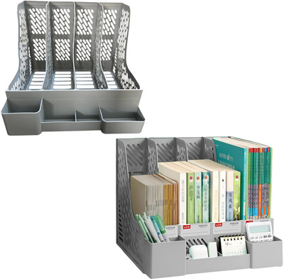 KRAPTICK 4 Compartments Plastic File Rack Paper Holder, Desktop Organizers with Pen Holder, Magazine Book Holder(Grey)