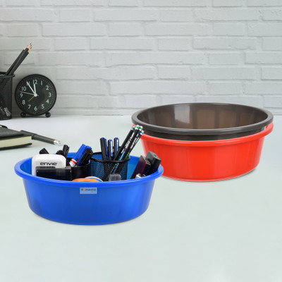 HOMESTIC by Kuber Industries 3 Compartments Plastic Desk Organizer(Red & Gray & Blue)