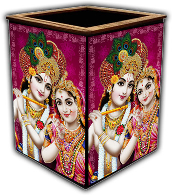 pnf 1 Compartments wooden Colourful Wooden Pen Stand with photo of Radha Krishna -20111(Multicolor)