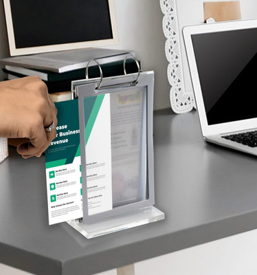 Infomate 5 Compartments Acrylic sign holder stand for A6 size paper, flip photo holder(flip style display stand table top, 5 pockets)