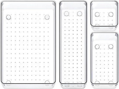 Xpandio 4 Compartments Plastic Drawer Organizers Set, 4 different size Versatile Bathroom Kitchen Vanity Trays(Clear)