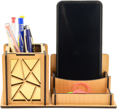 AJANTA ROYAL 3 Compartments MDF Wood Pen Stand(White Beige)