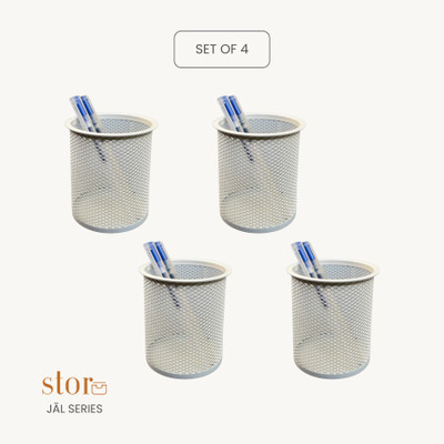 stor 0 Compartments Powder Coated Metal Pen Stand(Ecru White)