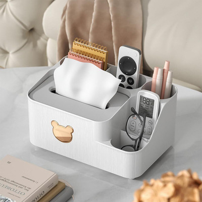 KPTON 5 Compartments Plastic Pen & Pencil Holders Tissue Stand(White)