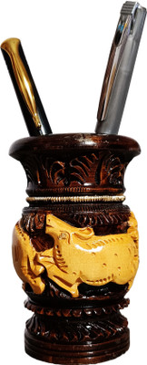 Kachawa genics 1 Compartments Wooden Antique pen stand with intricate jungle wildlife design, perfect for office desk(Brown)