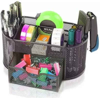 VeleSolv 8 Compartments Metal 8 Compartment Multi-Functional Black Metal Pen Stand Mesh Style Desk Organizer(Black)