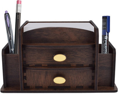LAKHAJI 4 Compartments wooden office table pen stand(Black)