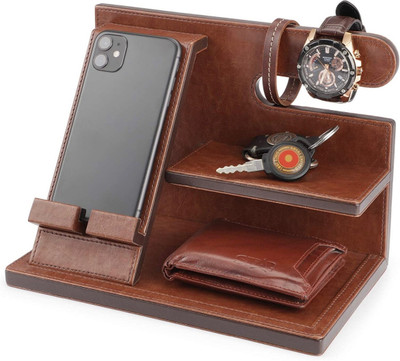LUVYANSH 3 Compartments Leather, Wooden Faux Leather Multipurpose Office Desk Modular Organizer, Mobile stand(Brown)(Brown)