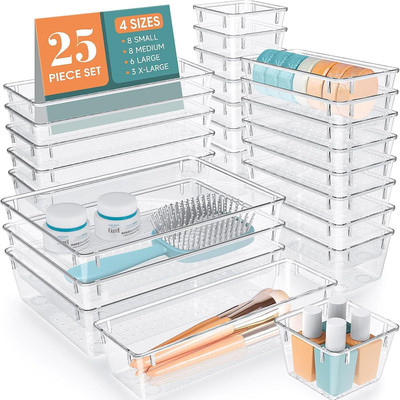 Quakzapp 25 Compartments Plastic Vanity Organizers Storage Bins for Makeup Dresser Tray(Transparent)
