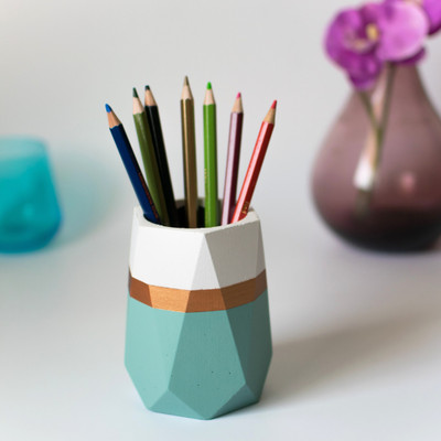Dwell dapper 1 Compartments Concrete Pen Stand(Teal and White)