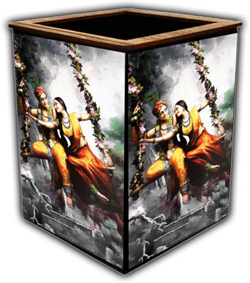 pnf 1 Compartments wooden Colourful Wooden Pen Stand with photo of Radha Krishna -5370(Multicolor)