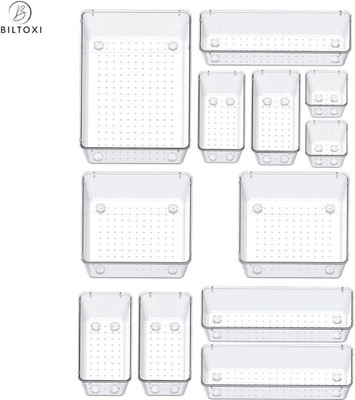 Biltoxi 12 Compartments Transparent Drawer Organizer Set for Home & Office, Fridge Storage Organizer Multipurpose Plastic Storage Bins(Clear)