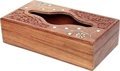 MAJESTIC MART 1 Compartments Handmade Wooden Tissue Box Napkin Holder Cover with Brass Inlay & Velvet Interior 9 Inch Full Brass Tissue Box(Brown)