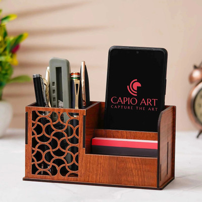 CAPIO ART 3 Compartments MDF WOOD Pen Stand(Beige)