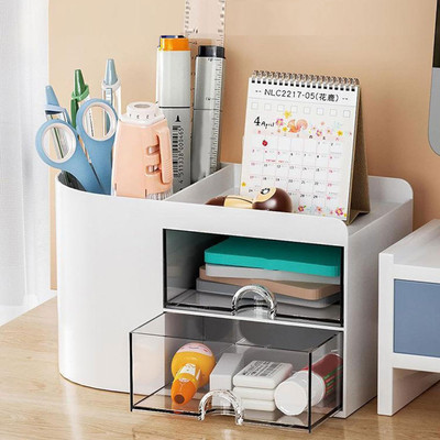 IMPRONOW 3 Compartments Abs Plastic Desk Organizer with Drawer & Storage Box for Office & Study Table(White)