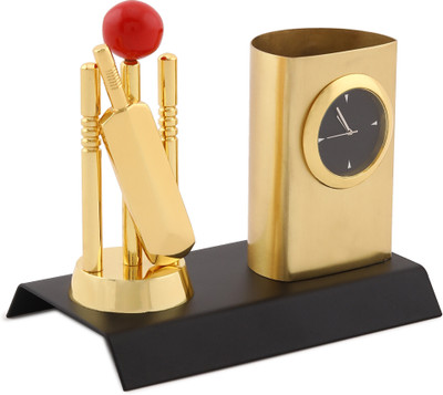 ZAHEPA 1 Compartments Desk Organizer, Pencil Holder with Cricket Theme and Analog Table Clock, Metal Pen Stand for Gift(Gold)