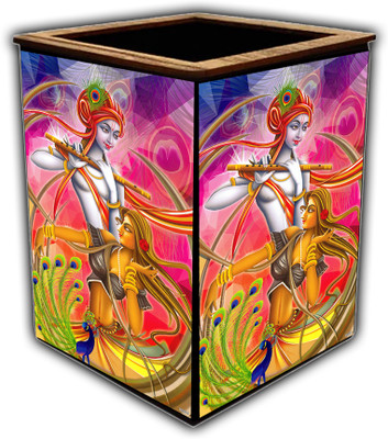 pnf 1 Compartments wooden Colourful Wooden Pen Stand with photo of Radha Krishna -30057(Multicolor)