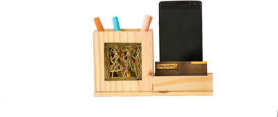 Olha-O 1 Compartments Bell Metal, Pine Wood pen stand(Brown, Gold)