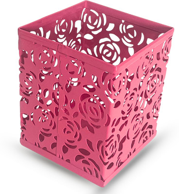 APEX MEDIA AND MARKETING INDIA 1 Compartments Metal Pen / Pencil Holder Square Floral Cut Desk Organizer(Dark Pink)