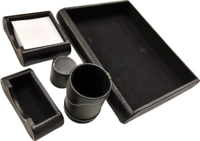 JAGCS 5 Compartments Premium quality PU (faux) leather with textured finish Multi-Compartment Leather Desktop Organizer Set(Black)