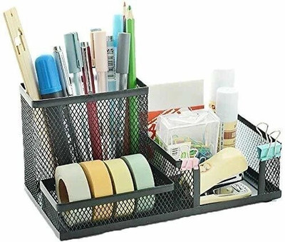 Djuize 3 Compartments Steel Pen stand(Black)