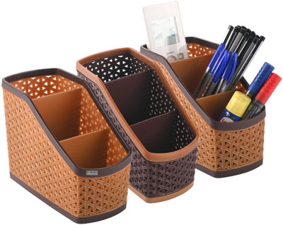 HOMESTIC by Kuber Industries 9 Compartments Plastic Stationery Organizer(Brown)