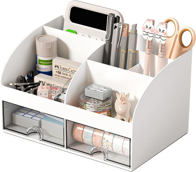 Kienlix 6 Compartments Plastic Multifunctional Desk Organiser with 6 Compartments & 2 Drawer Desktop Office(White)