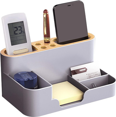 NowExp 10 Compartments Plastic, Wooden cap Desk Organizer Stationary Storage Holders Pen-Pencil Table Desk Stand(Grey)