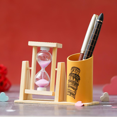 WEBELKART 1 Compartments Wooden, Glass Timer Sand Clock With Pen Stand Holder(Multicolor)