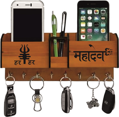 ravariya graphics 3 Compartments wooden Har Har Mahadev with 2 Pocket Mobile Holder, Key Holder Stand(Brown)